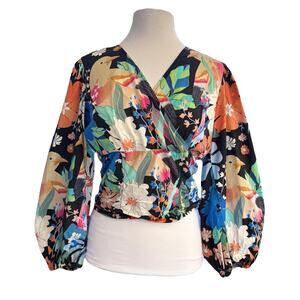 Anthropologie Conditions Apply Parrots Puff Sleeve Tie  Back Blouse Small